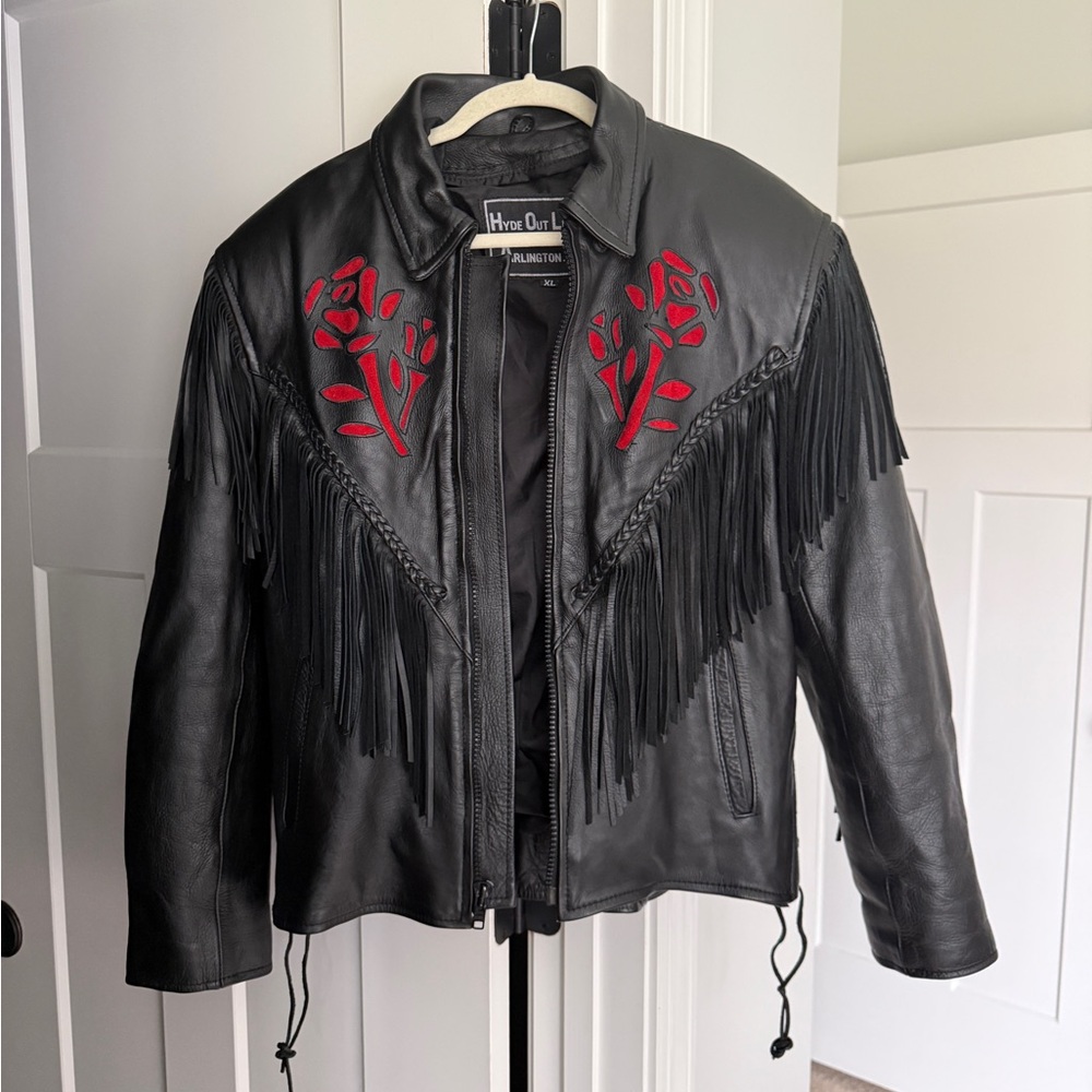 Hyde Out Vintage Woman’s Leather Black Motorcycle Fringe Jacket Zip Red Rose